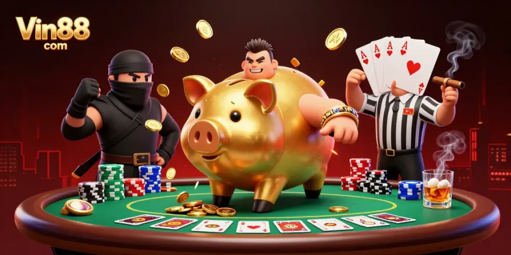 Engage with exciting gameplay at Vin88 com featuring a golden piggy bank sumo wrestler in a vibrant casino scene.