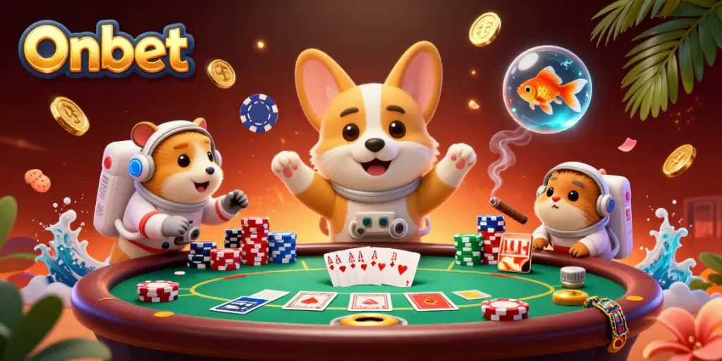Experience Onbet's space-themed casino with an astronaut corgi, poker chips, and live instructions.