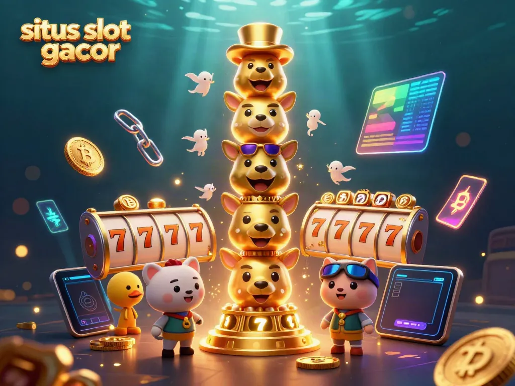 Engage with the situs slot gacor scene featuring lively totem characters, vibrant slot game elements, and neon crypto coins.