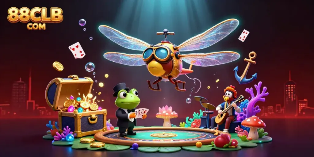 Engage in thrilling gameplay at 88CLB COM among vibrant 3D casino characters and treasures.