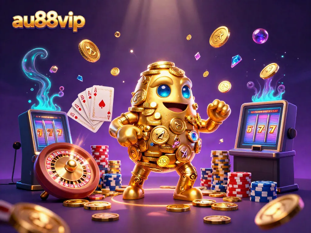 Experience the excitement of gambling with au88vip, featuring a golden golem surrounded by sparkling casino elements.
