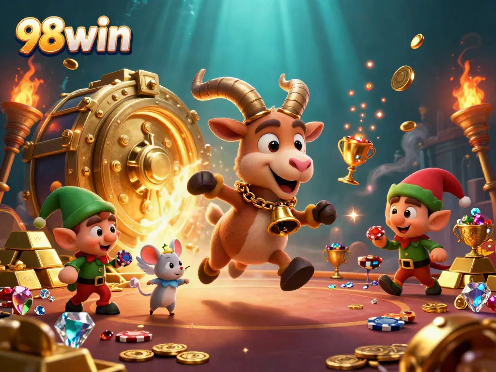 Experience lavish gaming at 98win with Krampus and festive casino characters in a dynamic scene.