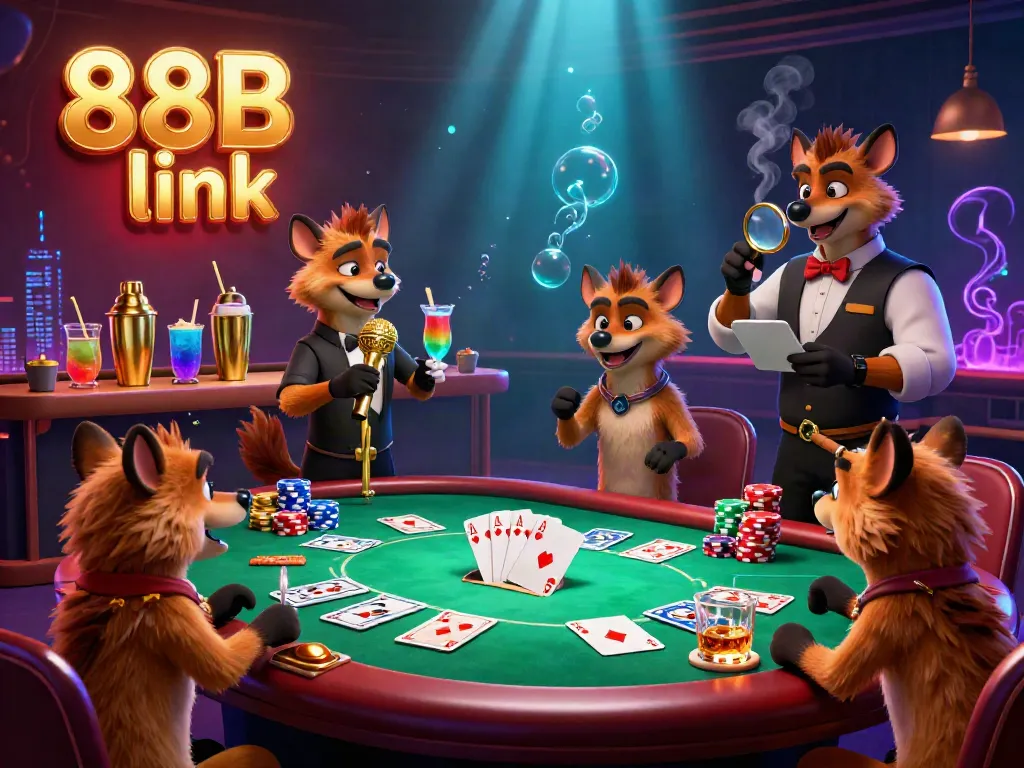 Hyenas humorously portray a lively casino scene with the brand 88B link, showcasing comedy and gaming.