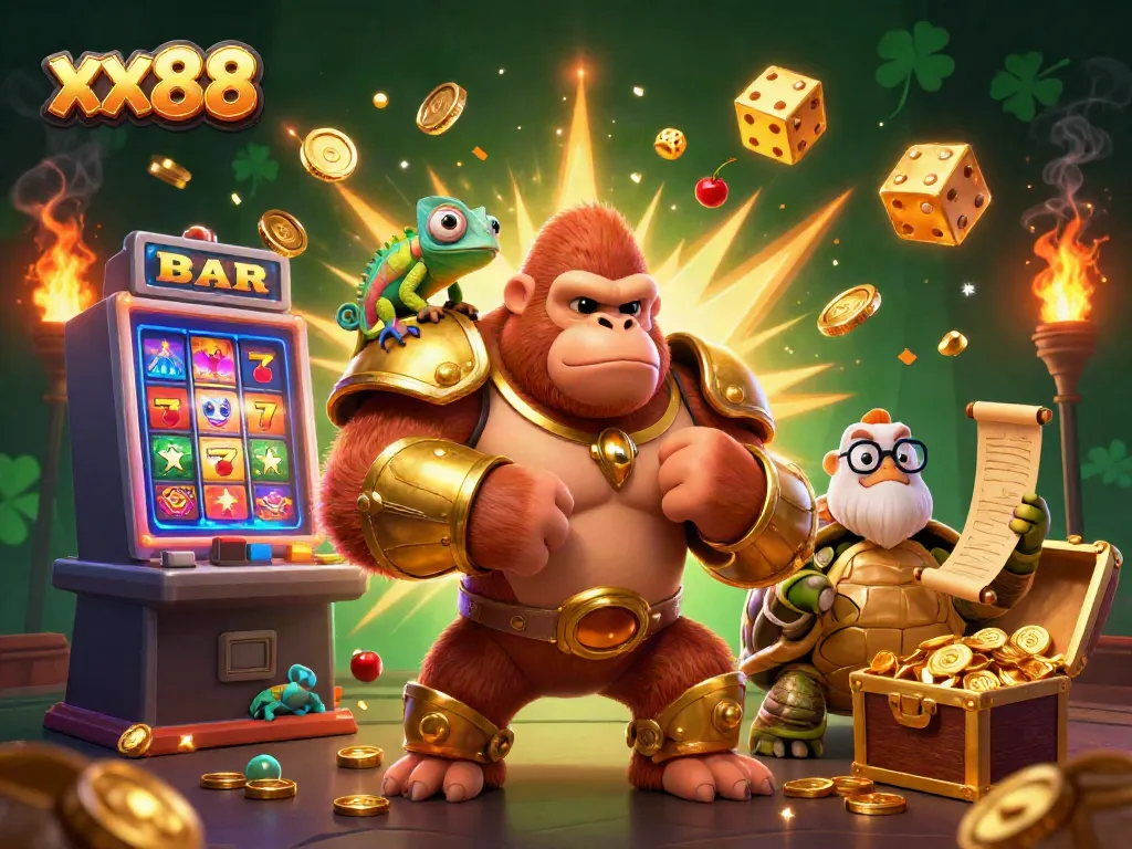 Experience the vibrant world of xx88 through an epic 3D casino illustration featuring dynamic characters and exciting gaming elements.
