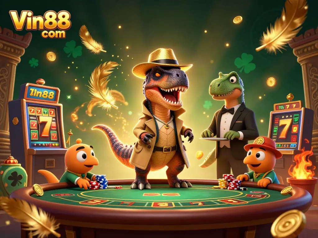 Engage in thrilling gameplay at Vin88 com with a velociraptor card counter, lively casino antics, and vibrant slot elements.