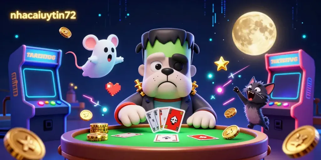 nhacaiuytin72 showcases a whimsical gambling scene with a cartoon bulldog dealer, spooky atmosphere, and casino elements.