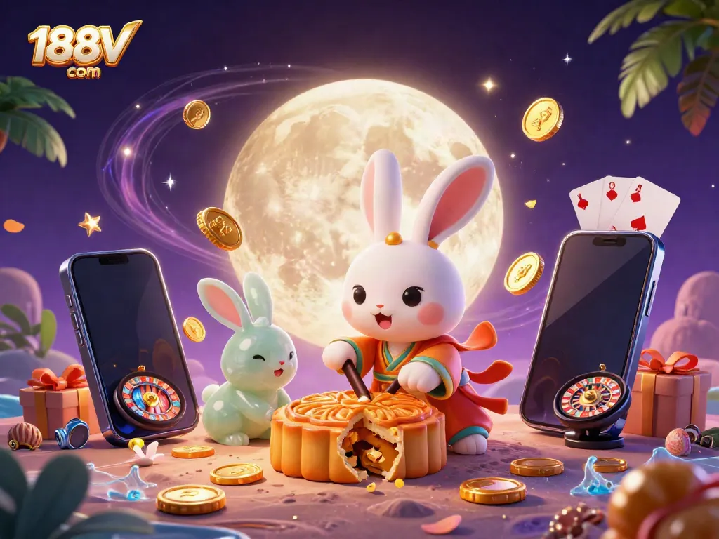 Engage in thrilling gameplay at 188V com with a colorful casino scene featuring moon rabbit characters, slot games, and poker chips.