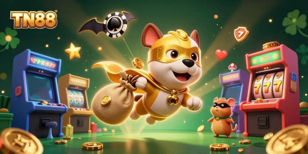 Experience TN88’s thrilling gold rush with a superhero dog and hamster amidst dynamic casino game elements.