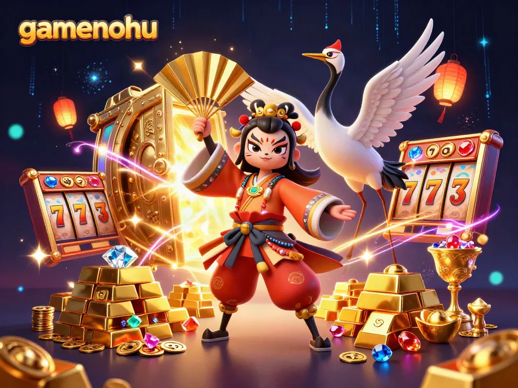 Spin the reels with gamenohu as an animated kabuki warrior and treasures light the way in this vibrant scene.