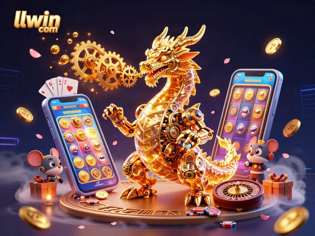Experience llwin com with this vibrant casino illustration featuring a biomechanical dragon and dynamic game elements.