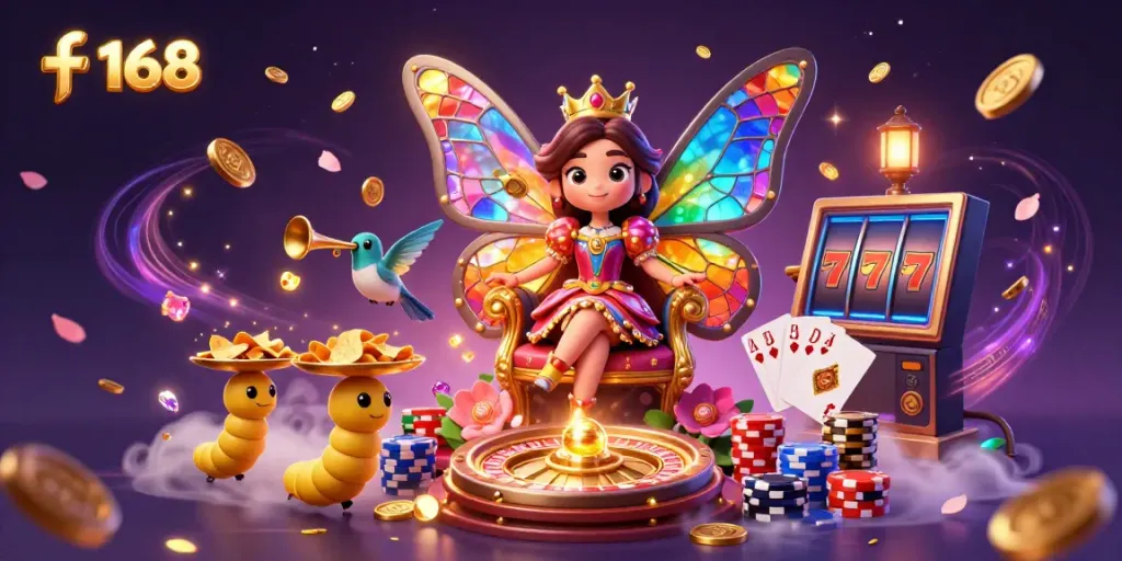 Experience the vibrant charm of f 168 with a butterfly queen in a dazzling casino scene, surrounded by golden coins and dynamic gaming elements.